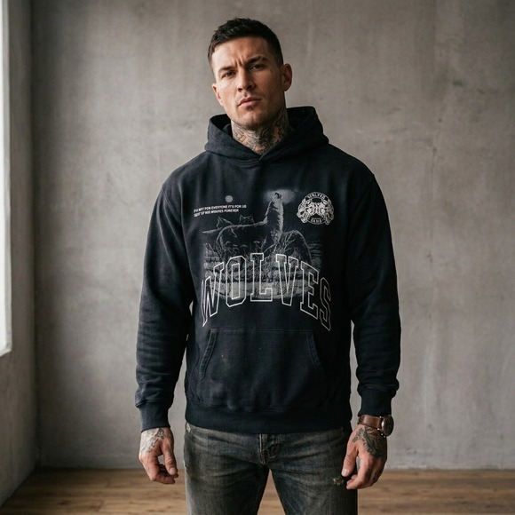 Darc Sport Other - Darc Sport Men Wolves Club Top Large Black Graphic Hoodie Distressed Streetwear